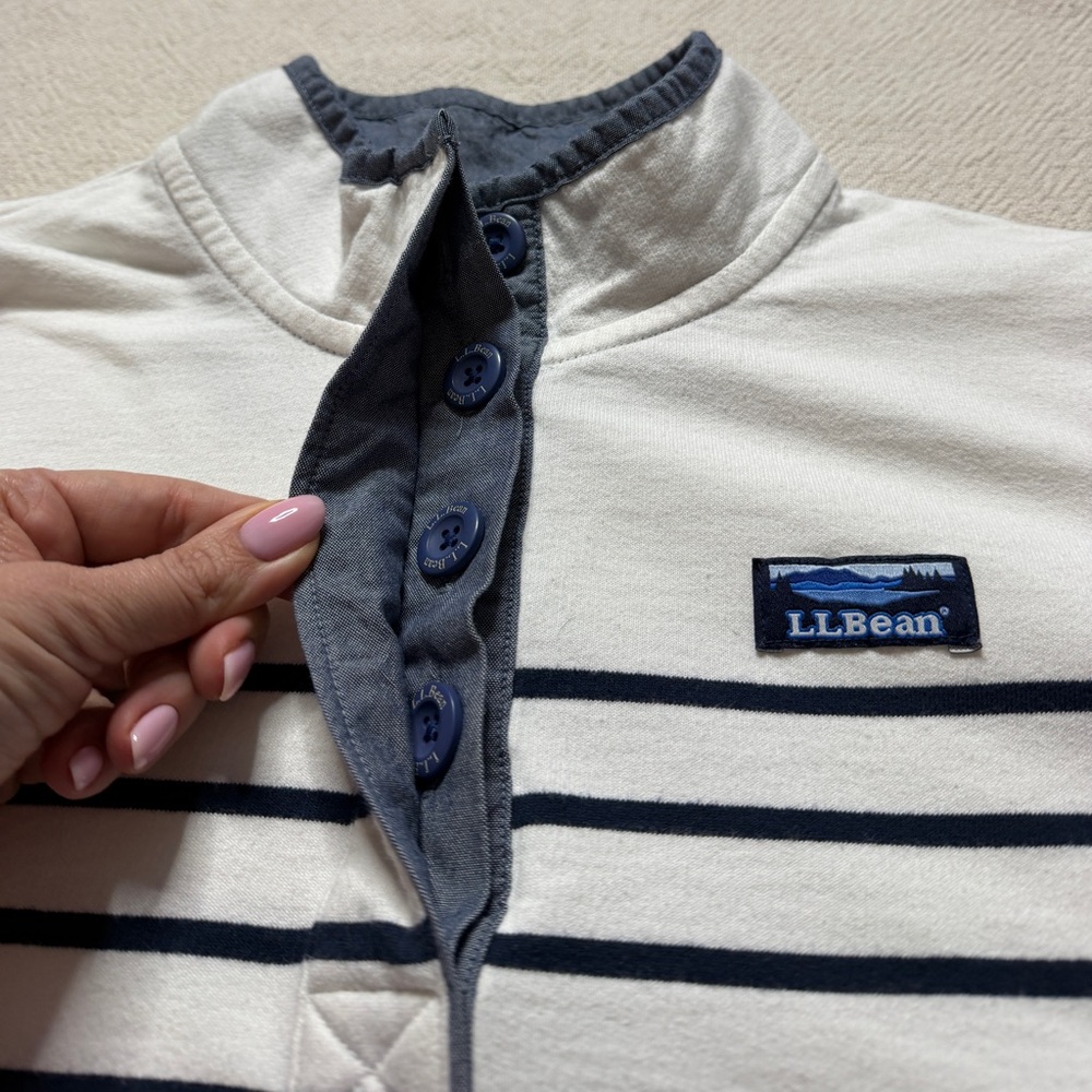 LLBEAN Striped Rugby Shirt White & Navy Blue Coastal Mariniere Preppy - Picture 6 of 9